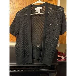 Sag Harbor Petite Womens Black Open Knit Sequin Mesh Cardigan Short Sleeve PM